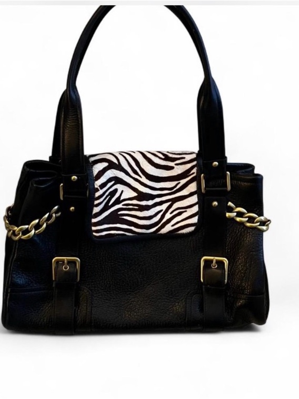 Kenneth Cole Black Shoulder Bag with Zebra-Print Flap and Gold Hardware Accents